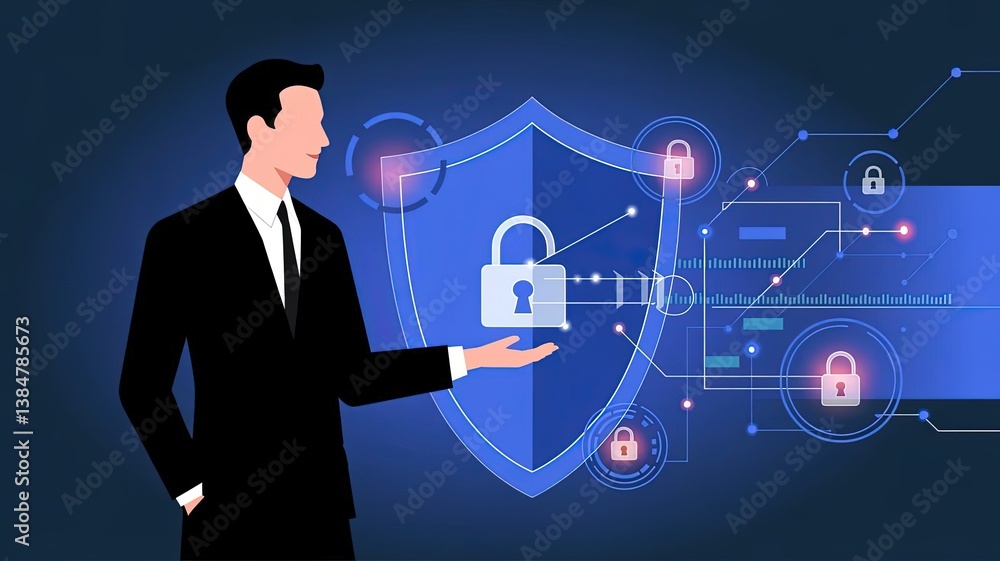 Poster digital security: an illustration of a man presenting a digital security shield, highlighting data p