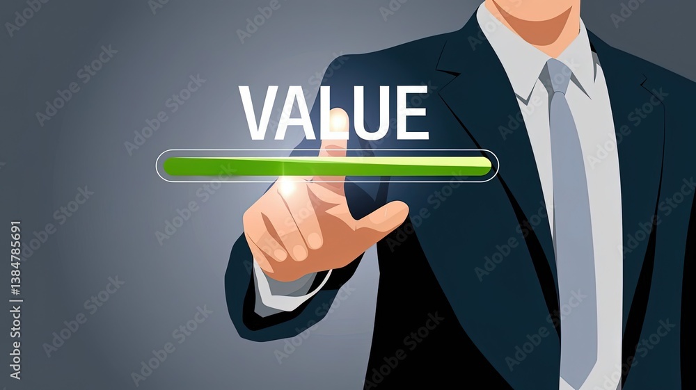 Poster unveiling value: a determined individual in a business suit points towards the word 