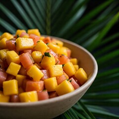 Mango watermelon salad recipe fresh summer fruit salad in bowl tropical background healthy vegetarian diet