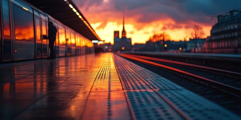 Train station platform reflecting dramatic sunset over paris skyline