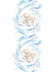 Seamless border of watercolor sea elements with octopus, seaweed and waves