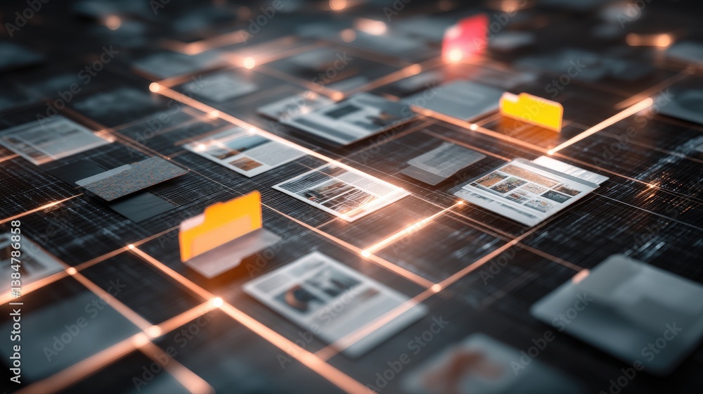Poster abstract network grid with files and folders, futuristic software interface, digital document manage