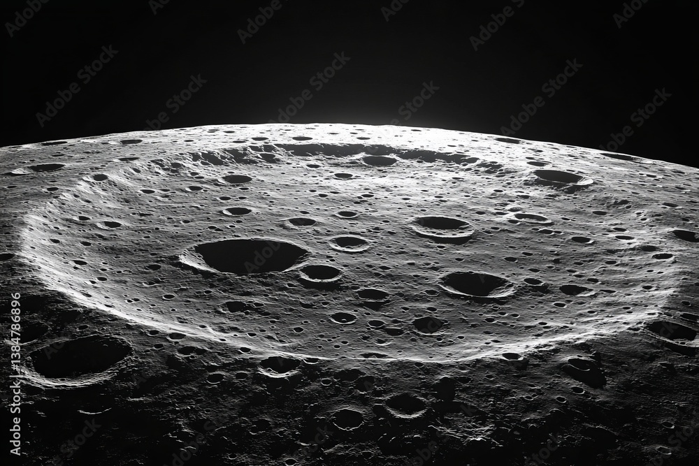 Poster a dark background with a large crater in the center. moon's surface with craters, isolated on a soli