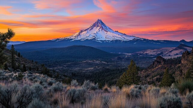 Striking Sunrise Over Snowy Mountain Peak Cascades of Light and Color