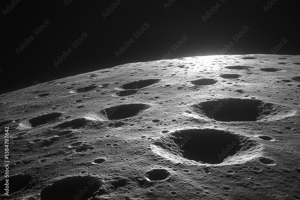 Poster a close up of a moon's surface with many craters. moon's surface with craters, isolated on a solid b
