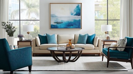 Fototapeta premium Modern living room furniture is arranged around a round table. The Adobe Stock picture is well-lit and likely to be accepted.