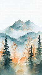Watercolor of landscape forest misty mountains horizon and fog and hills,pine tree fir tree,Autumn forest background,drawn by hand,Autumn illustration design elements for landscape,wallpaper.