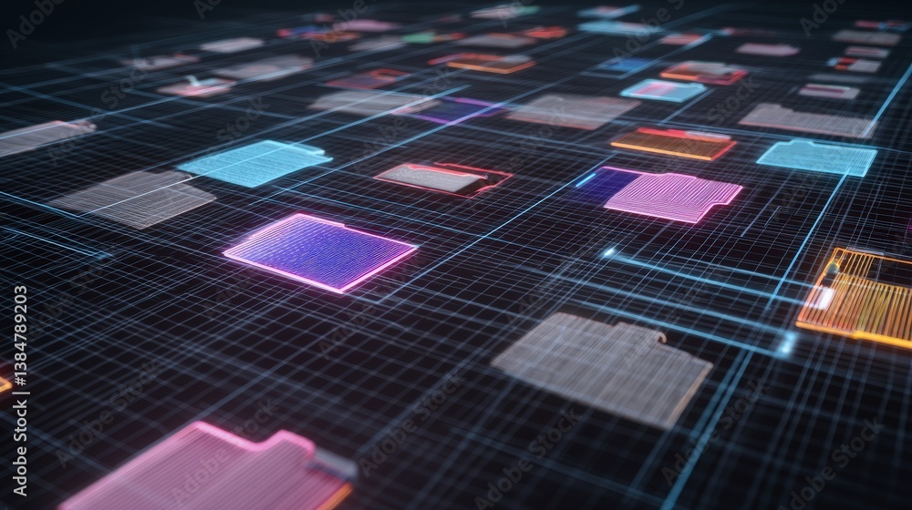 Poster abstract network grid with files and folders, futuristic software interface, digital document manage