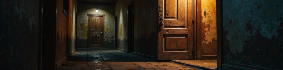 Obraz premium Old wooden door with creaking hinges in dimly lit hallway, old, dimly lit, entrance