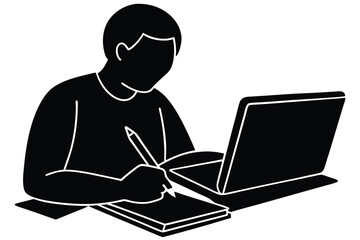 Taking Notes with a Laptop and Book Illustration

