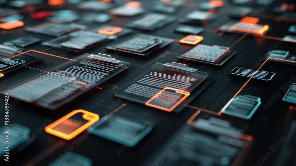 Poster abstract network grid with files and folders, futuristic software interface, digital document manage