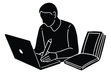 Taking Notes with a Laptop and Book Illustration

