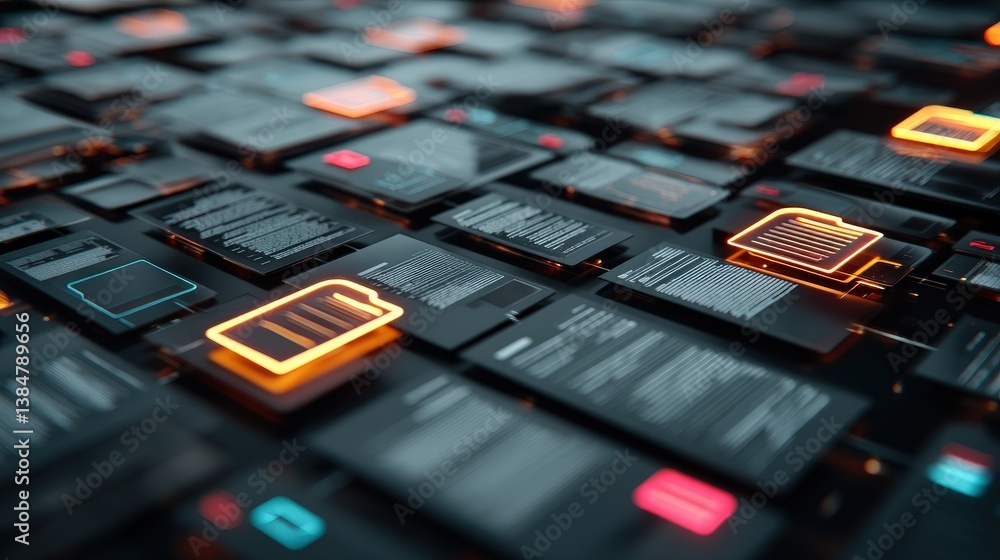 Poster abstract network grid with files and folders, futuristic software interface, digital document manage