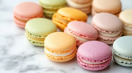 Obraz premium Colorful French Macarons on a Marble Surface in Soft Light