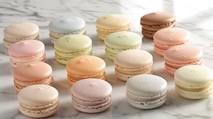 Obraz premium Colorful Macarons Arranged Neatly on a Bright Marble Surface