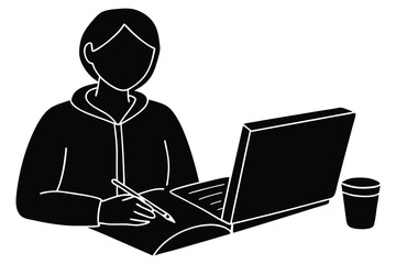 Taking Notes with a Laptop and Book Illustration

