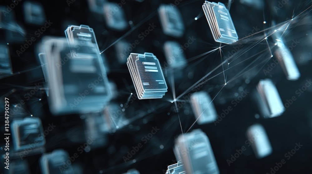 Poster abstract network grid with files and folders, futuristic software interface, digital document manage