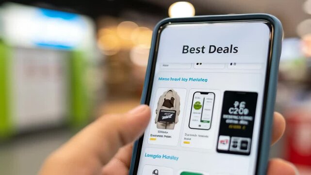 Consumption goals concept. A smartphone displays a digital interface showing various best deals with vibrant images and buttons for navigation.