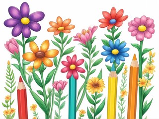 Cute colored pencil flower doodles, hand-drawn in a fun kids&rsquo; art style.  