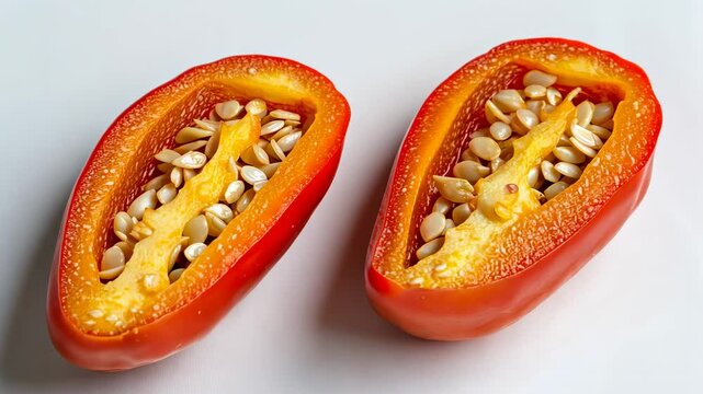 A Close-Up Shot of Two Halved Mini Sweet Peppers Revealing Seeds and Inner Flesh