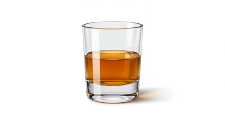 Amber beverage, in a rocks glass, isolated against a plain white background