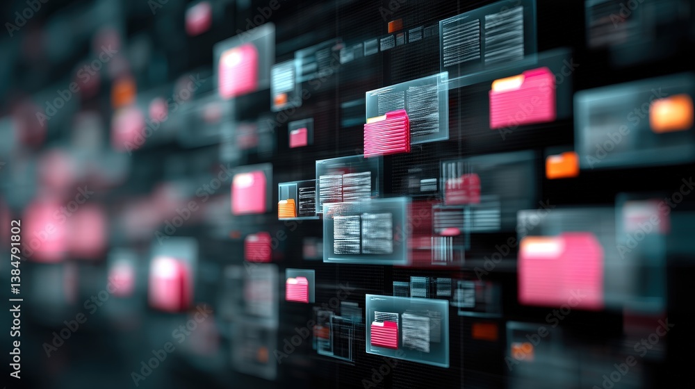 Poster abstract network grid with files and folders, futuristic software interface, digital document manage