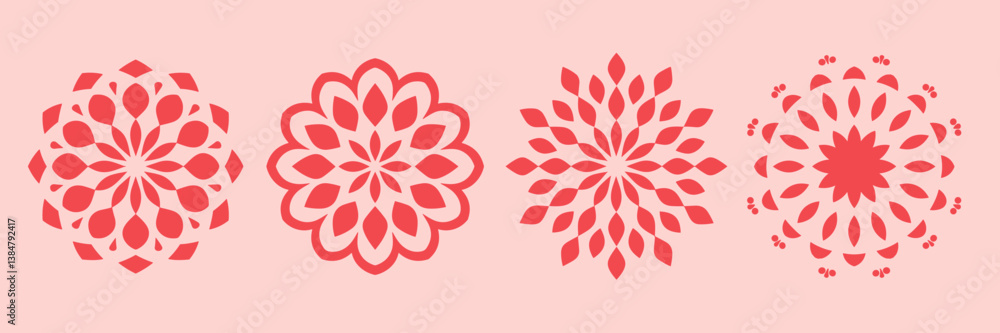 Poster detailed vector icon set of red mandala patterns with symmetrical, flowing designs.