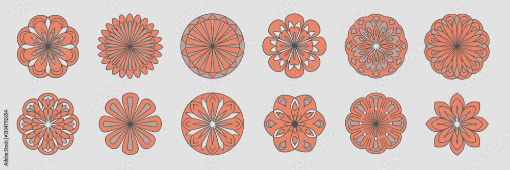 Poster orange mandala pattern icon set arranged in a grid with a transparent background.