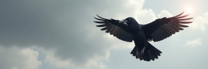 Naklejka premium Single crow against grey sky, wings spread wide, isolated , bird, flying