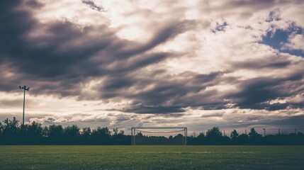 Serene Soccer Field Under Dramatic Clouds at Dusk
