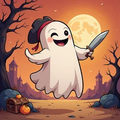 Cartoon Ghost Pirate Costume Spooky Halloween Scene Full Moon Setting. A cartoon ghost in a pirate costume holds a knife in a spooky landscape.