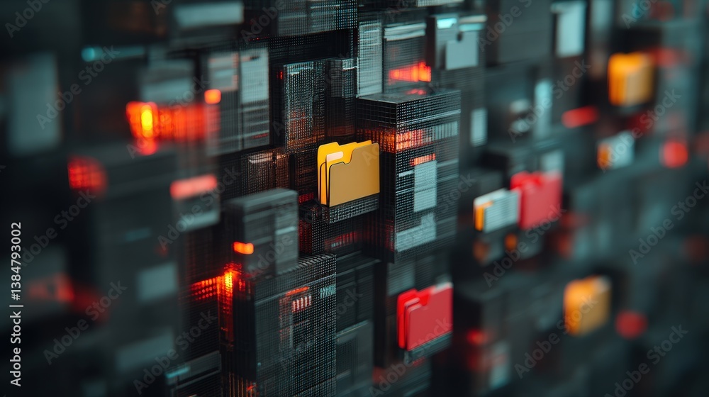 Poster abstract network grid with files and folders, futuristic software interface, digital document manage