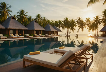 Fototapeta premium Luxurious tropical resort, beachfront villas, infinity pool, palm trees, sunset view, lounge chairs, thatched roof bungalows, tranquil ocean, warm lighting, paradise getaway, high-end vacation, serene