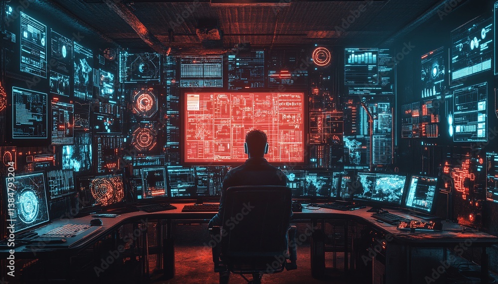 Poster cyber security expert analyzing data on screens