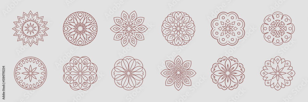Poster set of vector icons featuring detailed red mandala patterns in a symmetrical design
