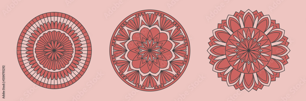 Poster set of vector icons featuring intricate red mandala patterns within circular frames