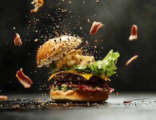 Burger with ingredients floating in the air against a dark background.