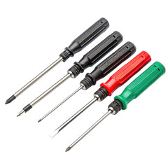 A collection of screwdrivers featuring various colors and head types, designed for versatile use in assembling and disassembling objects.