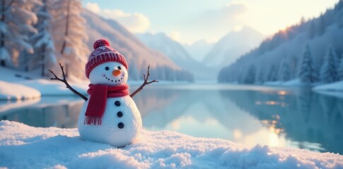 Fototapeta premium Snowy landscape with a happy snowman standing in front of a frozen lake, winter wonderland, frozen lake