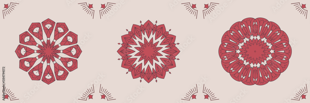 Poster vibrant vector icon set featuring a red mandala pattern with intricate details