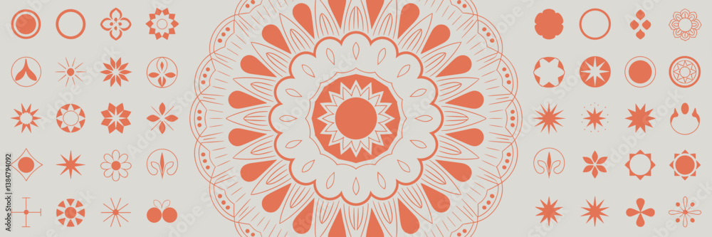 Poster orange mandala pattern vector icon set with layered geometric and flowing elements.