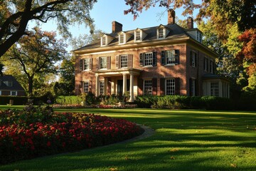 Obraz premium A grand brick mansion basks in the autumn sun, surrounded by lush landscaping and vibrant flowers.