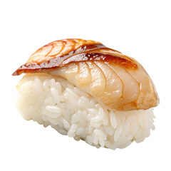 A sushi nigiri topped with a slice of fish, showcasing a glossy finish and delicate texture, resting on a mound of seasoned rice.