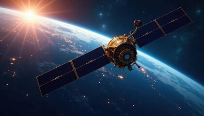 Space satellite with internet antenna in orbit around Earth, satellite, internet