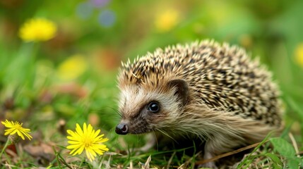 Fototapeta premium A hedgehog exploring the British hedgerow. stock photo --ar 16:9 --style raw --v 6 Job ID: b2bc64ac-7d91-49d3-bc91-e915945232c1