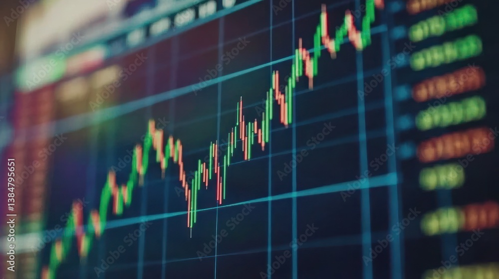 Poster dynamic stock market chart displaying upward trend with candlestick patterns