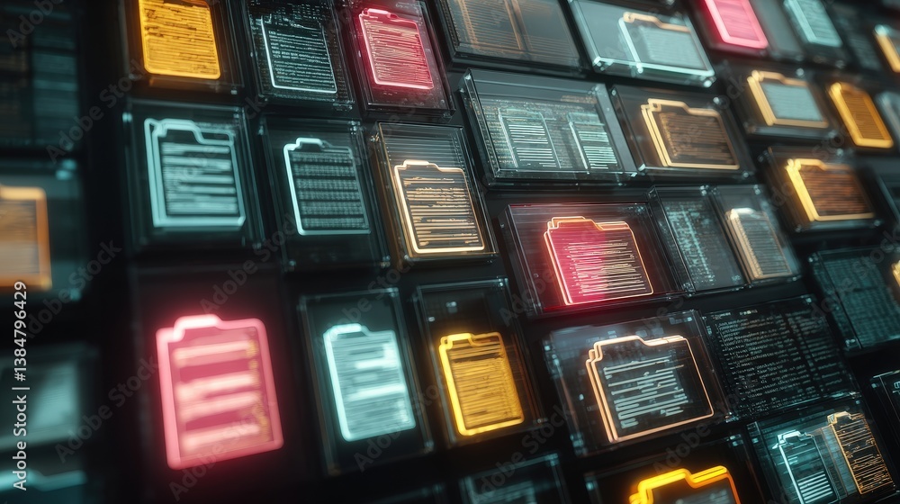 Poster abstract network grid with files and folders, futuristic software interface, digital document manage