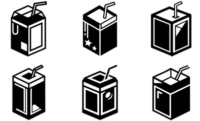 Simple black and white illustrations of juice boxes with straws.