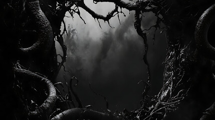 Dramatic Dark Frame of Silhouetted Trees Against Cloudy Sky Monochrome Landscape