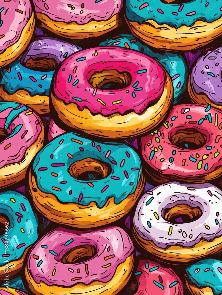 Poster colorful donuts with rainbow frosting and sprinkles create a fun and playful atmosphere in a vibrant